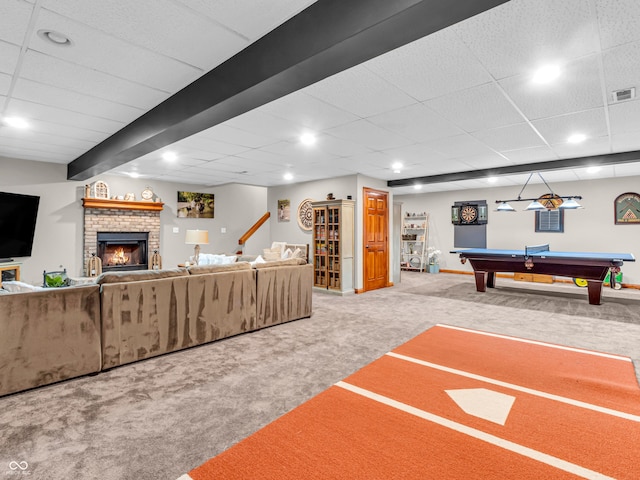 carpeted living room featuring pool table and a fireplace