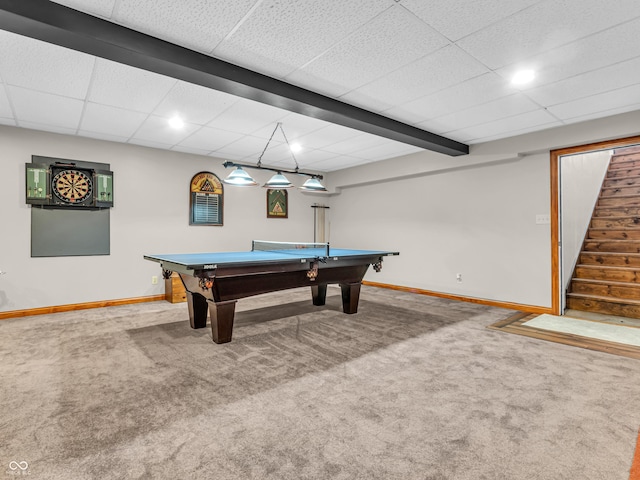 recreation room featuring a drop ceiling, pool table, and carpet floors