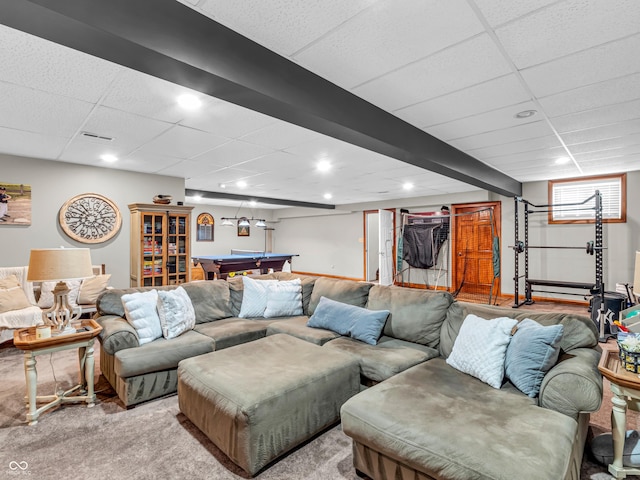 carpeted living room with billiards and a paneled ceiling