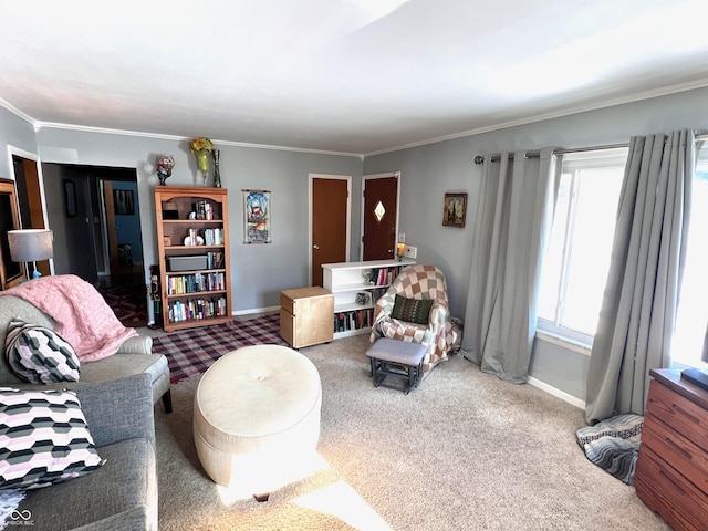 carpeted living room with crown molding