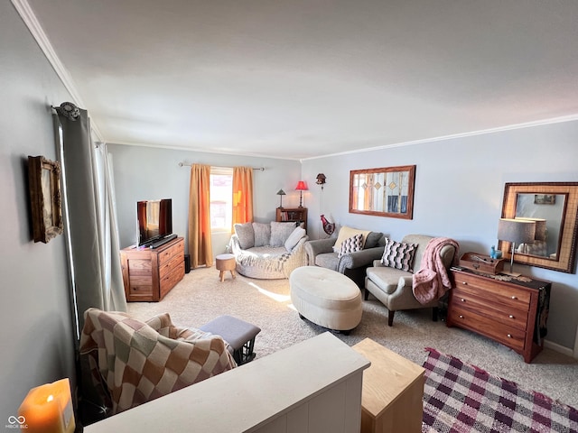 carpeted living room featuring ornamental molding