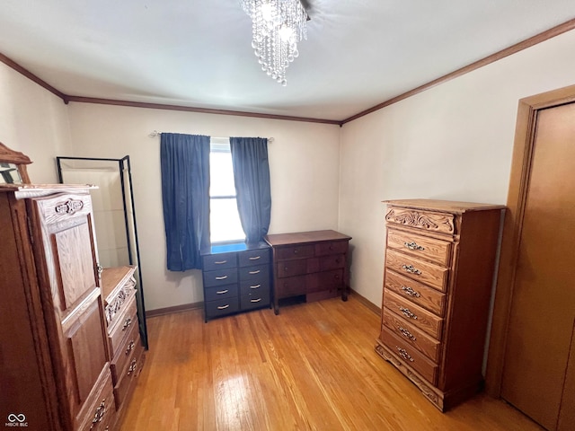 bedroom with ornamental molding and light wood-type flooring