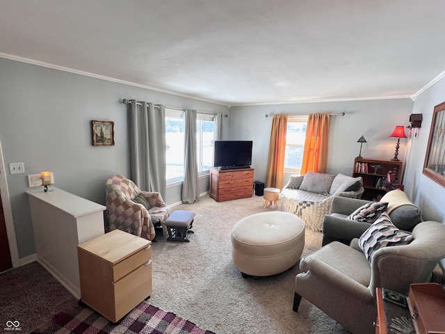 carpeted living room with crown molding