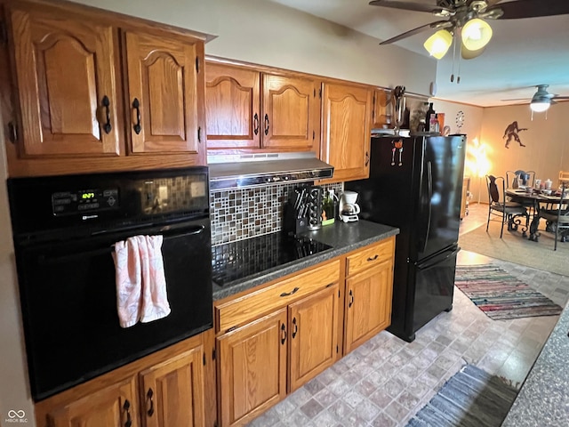 kitchen featuring tasteful backsplash, ceiling fan, and black appliances