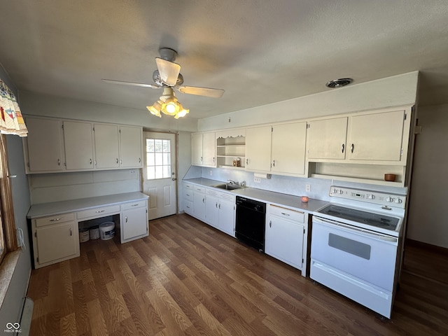 kitchen featuring white electric range oven, dark wood-type flooring, white cabinetry, black dishwasher, and sink