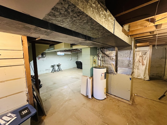 basement featuring water heater