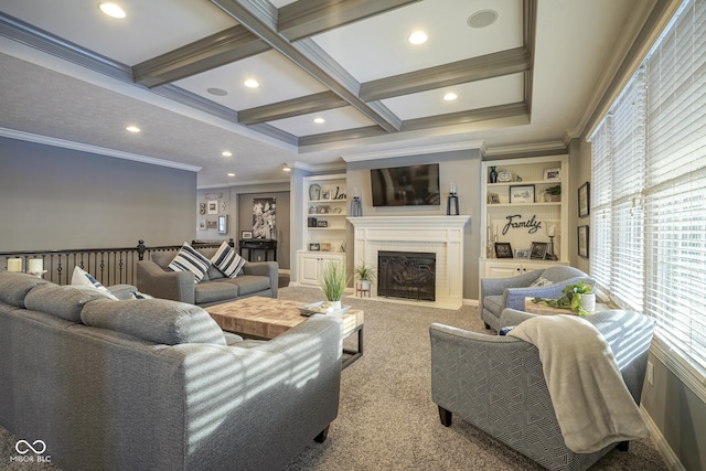 carpeted living room featuring crown molding, coffered ceiling, beamed ceiling, and built in features