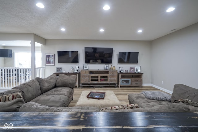 living room with hardwood / wood-style floors and a textured ceiling