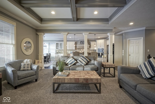 living room with carpet flooring, ornate columns, crown molding, coffered ceiling, and beam ceiling