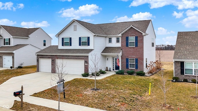 traditional-style home featuring brick siding, roof with shingles, an attached garage, driveway, and a front lawn