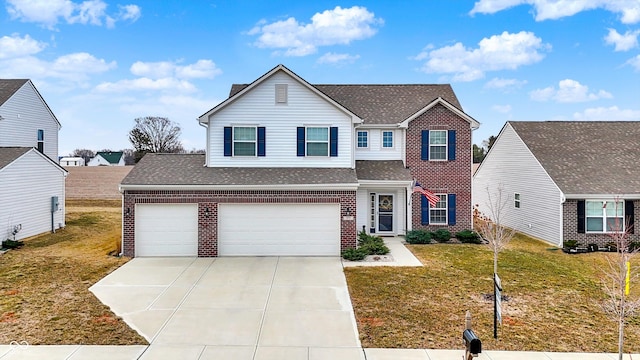 traditional-style home with a front yard, brick siding, driveway, and roof with shingles