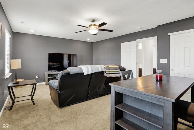 977 Capricorn Dr, Franklin, IN 46131 - living area featuring recessed lighting, baseboards, visible vents, ceiling fan, and light carpet