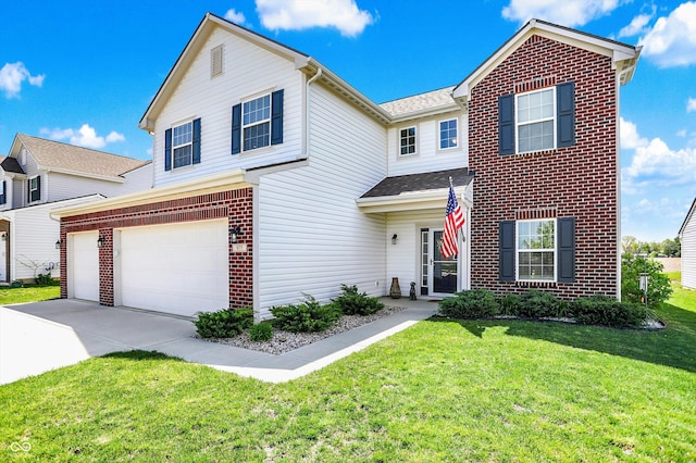 977 Capricorn Dr, Franklin, IN 46131 - traditional-style house featuring brick siding, a garage, concrete driveway, roof with shingles, and a front lawn