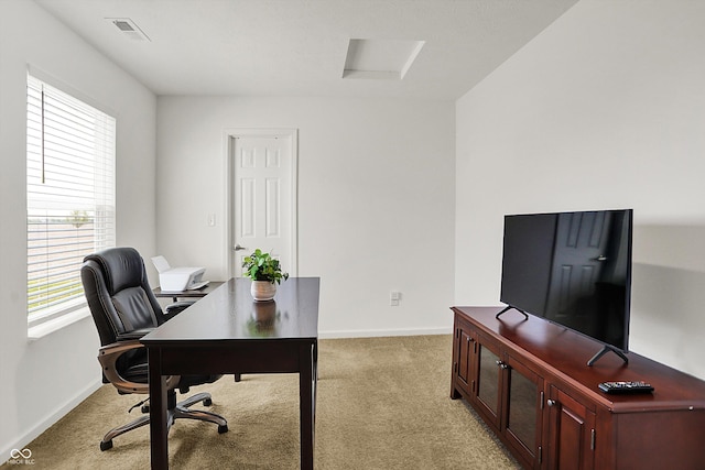 977 Capricorn Dr, Franklin, IN 46131 - office area featuring baseboards, light carpet, and visible vents