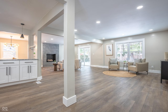 living room featuring a fireplace and dark hardwood / wood-style floors