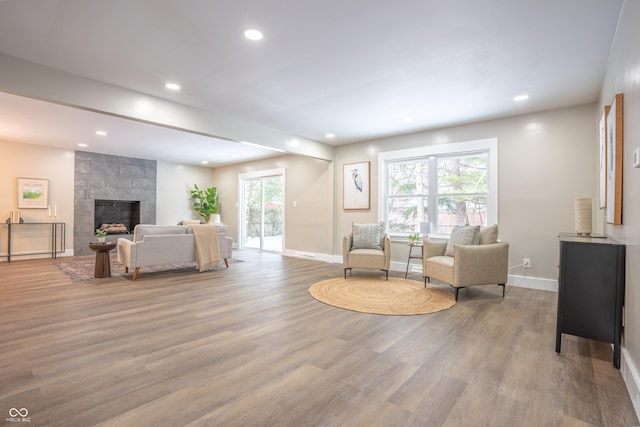 living room featuring light wood-type flooring, plenty of natural light, and a large fireplace