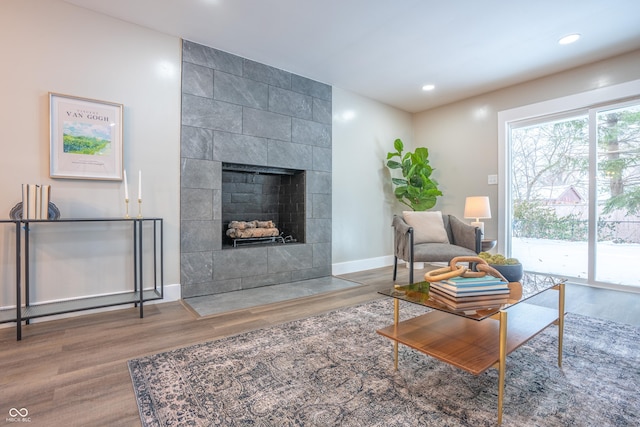 living room featuring a tile fireplace and hardwood / wood-style floors