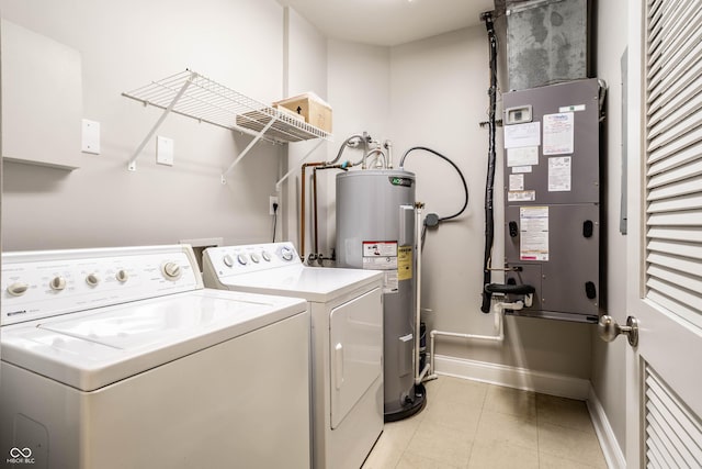 washroom featuring separate washer and dryer, heating unit, and electric water heater