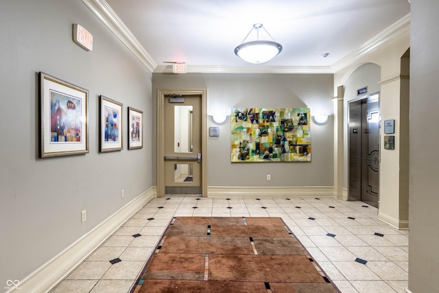 hallway with ornamental molding, elevator, and light tile patterned flooring