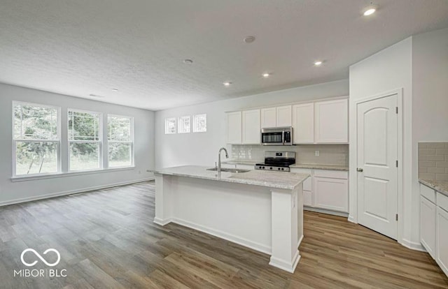 kitchen featuring white cabinets, sink, stainless steel appliances, and a center island with sink