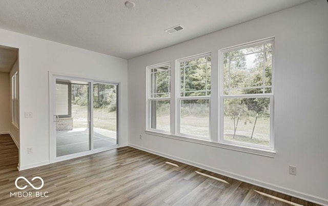 unfurnished room with a wealth of natural light, light hardwood / wood-style flooring, and a textured ceiling