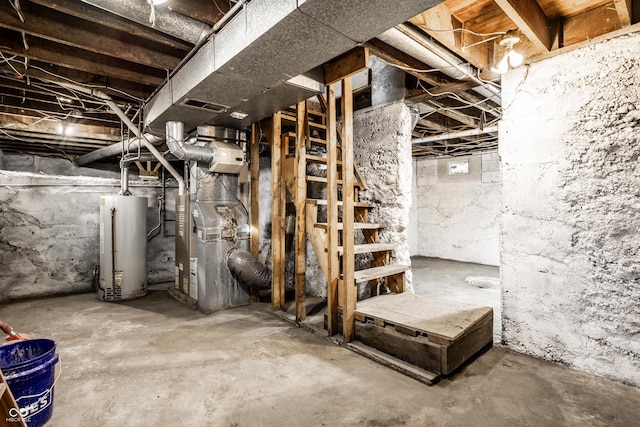 basement with heating unit and gas water heater