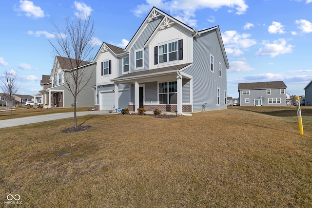 craftsman-style home featuring a garage, a porch, and a front yard