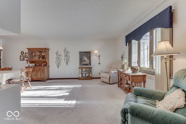 carpeted living room with a textured ceiling