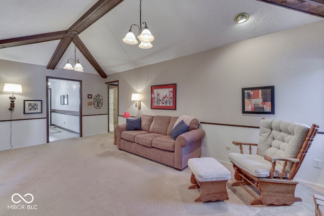 living room with light carpet, lofted ceiling with beams, a textured ceiling, and a notable chandelier