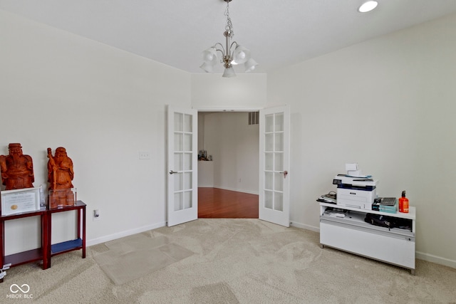 miscellaneous room with french doors, a notable chandelier, visible vents, carpet flooring, and baseboards