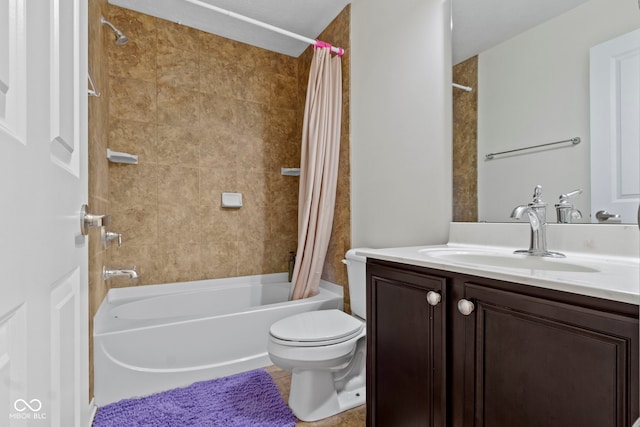 full bath with tile patterned floors, shower / bathtub combination with curtain, toilet, and vanity