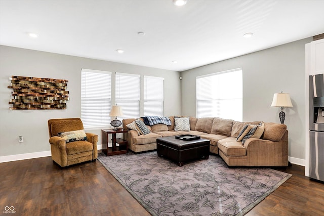 living room with dark wood-type flooring