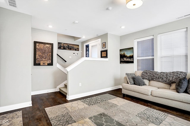 living room featuring dark wood-type flooring