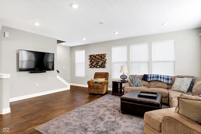 living room with dark hardwood / wood-style flooring