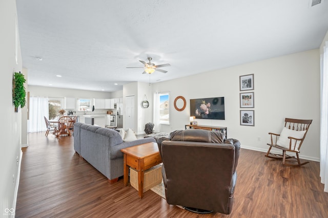 living room with ceiling fan and dark hardwood / wood-style flooring