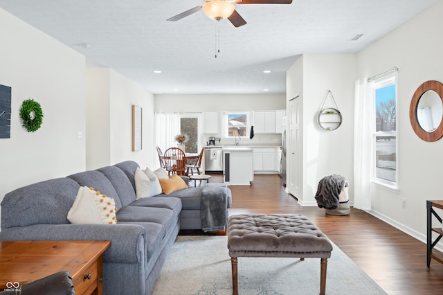 living room featuring sink, hardwood / wood-style floors, a textured ceiling, and ceiling fan