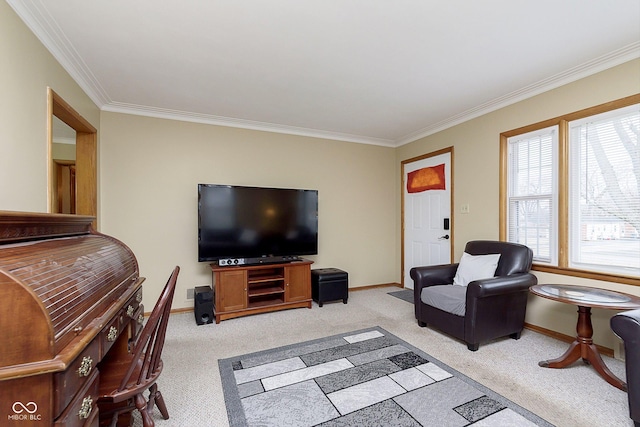 living room with ornamental molding and light carpet