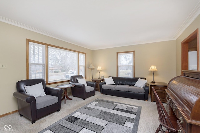 living room with ornamental molding and light colored carpet