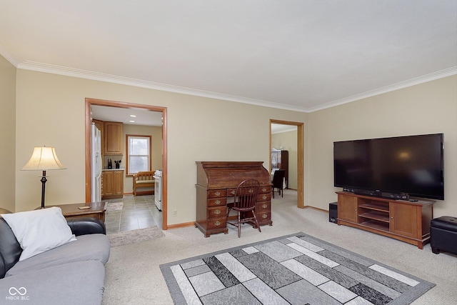 carpeted living room with ornamental molding