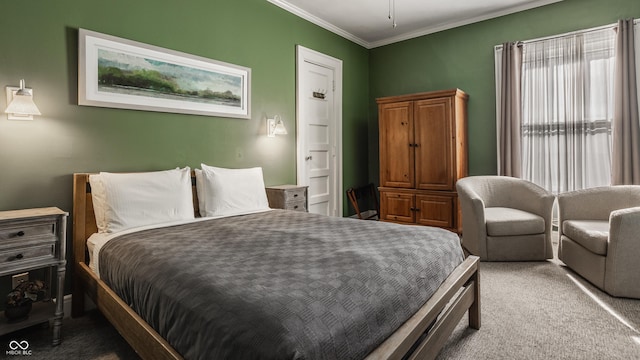 bedroom with carpet and ornamental molding