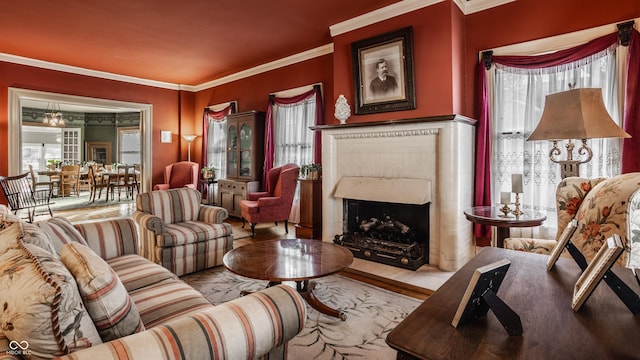 living room with crown molding and plenty of natural light