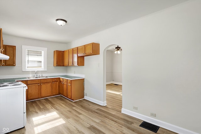 kitchen with white range with electric cooktop, sink, ceiling fan, light hardwood / wood-style floors, and exhaust hood