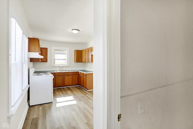 kitchen with white electric range, sink, and light wood-type flooring