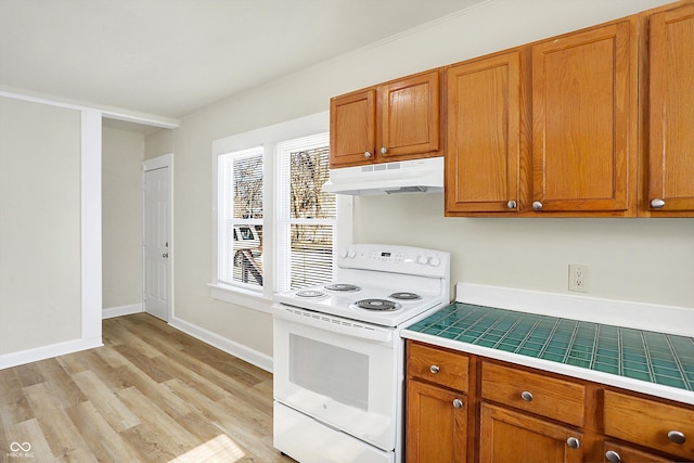 kitchen with tile countertops, light hardwood / wood-style floors, and white range with electric cooktop