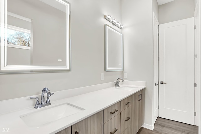 bathroom featuring hardwood / wood-style flooring and vanity