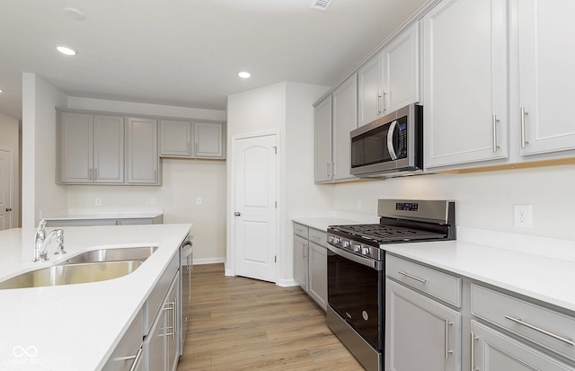 kitchen with recessed lighting, a sink, appliances with stainless steel finishes, light wood-type flooring, and gray cabinets