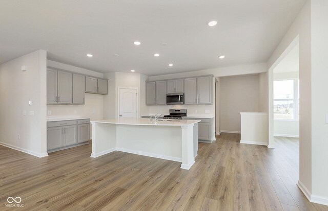 kitchen featuring stainless steel appliances, light wood-style floors, and gray cabinetry