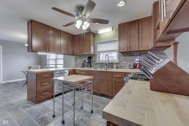 kitchen with sink, a healthy amount of sunlight, kitchen peninsula, and dishwasher