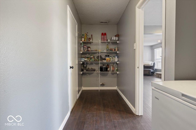 hall featuring dark hardwood / wood-style floors and a textured ceiling