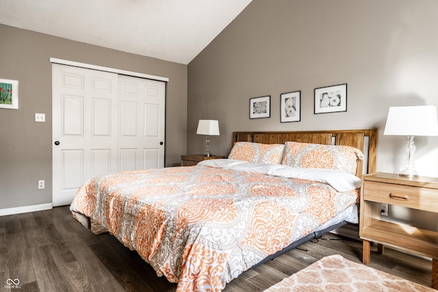 bedroom featuring lofted ceiling, dark hardwood / wood-style flooring, and a closet